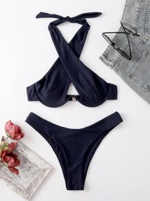 Cross Halter Underwire Bikini, For Summer Beach Vacation - Navy Blue - View 3