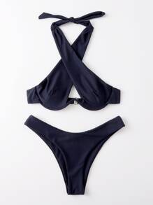 Cross Halter Underwire Bikini, For Summer Beach Vacation - Navy Blue - View 5