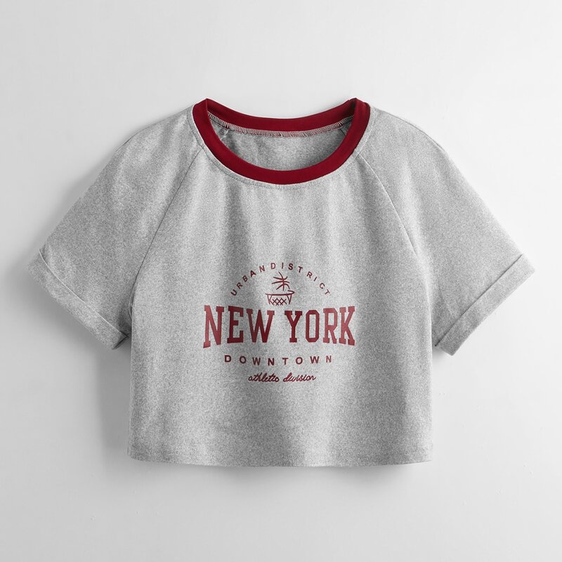 

Letter Contrast Binding Crop Tee, Light grey