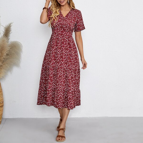 

Ditsy Floral V-Neck Dress, Burgundy
