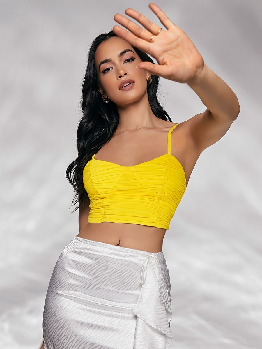 SHEIN X Sadaf Solid Ruched Cami Top - Yellow - View 1