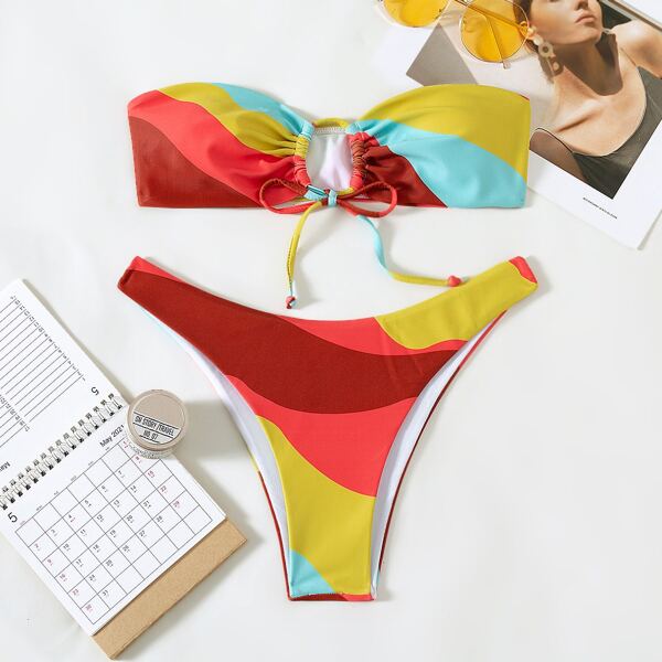 

Color Block Knot Front Bikini Swimsuit, Multicolor