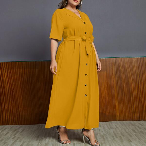 

Plus Self Tie Button Front Dress, Yellow