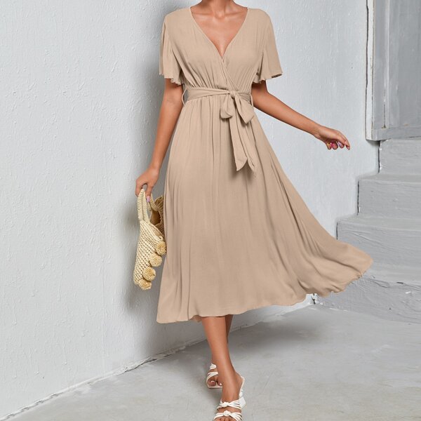 

Self Tie Wrap A-line Dress, Apricot