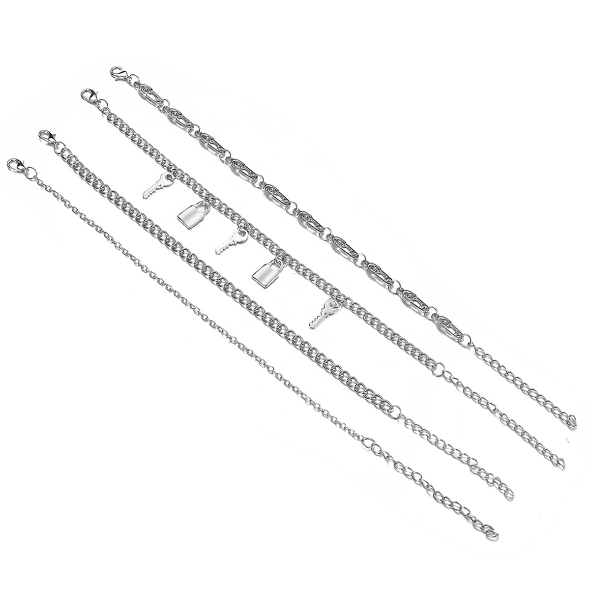

4pcs Lock & Key Charm Chain Anklet, Silver