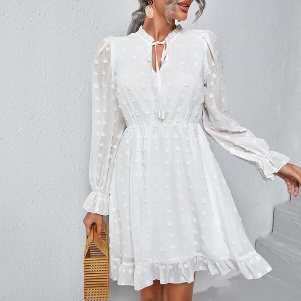 

Swiss Dot Tie Neck Flounce Sleeve Dress, White