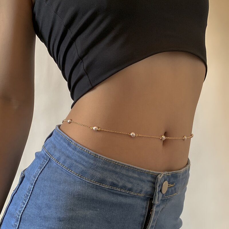 

Faux Pearl Decor Waist Chain, Gold