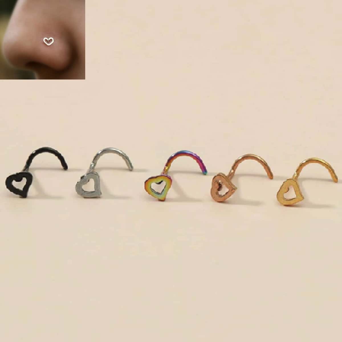 

5pcs Heart Decor Nose Ring, Multicolor