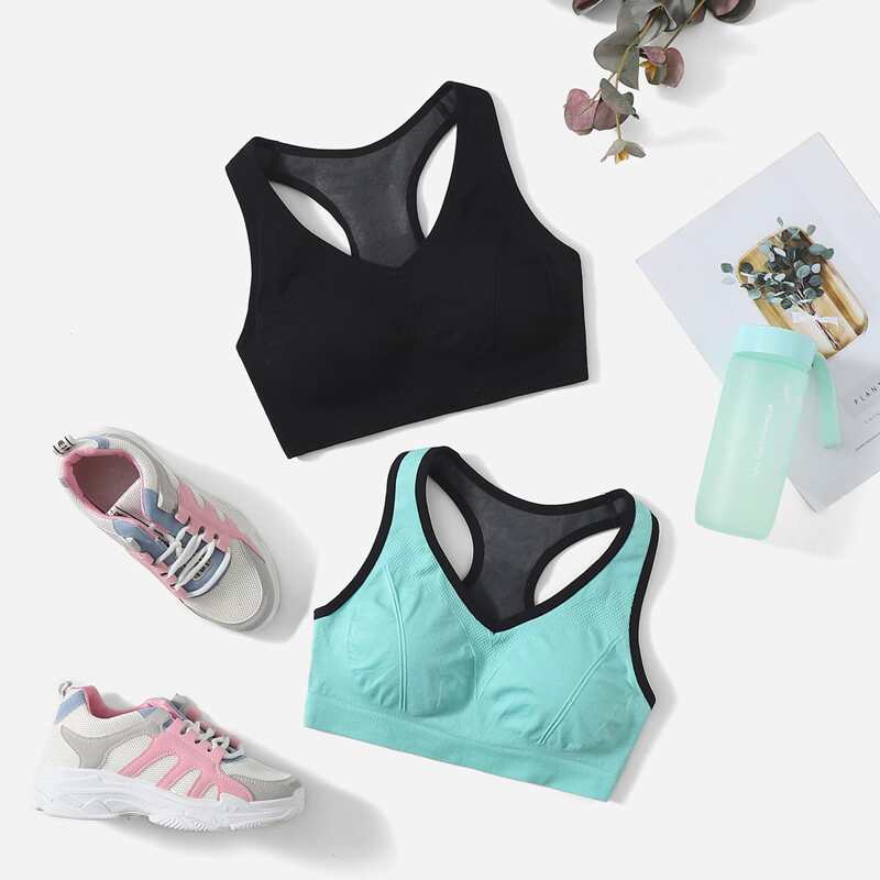 

2pcs Softness Racer Back Sports Bra, Multicolor