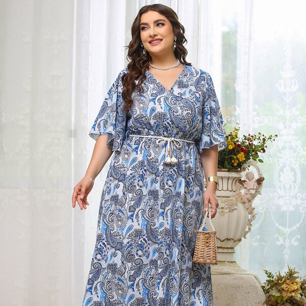 

Plus Paisley Print Surplice Front Flutter Sleeve Belted Dress, Multicolor