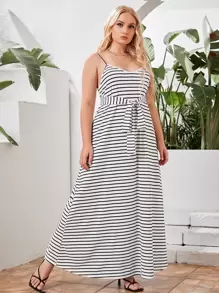 SHEIN Plus Self Belted Striped Cami Dress - Black and White - View 1