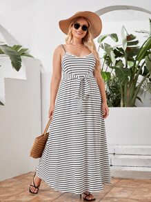 SHEIN Plus Self Belted Striped Cami Dress - Black and White - View 5