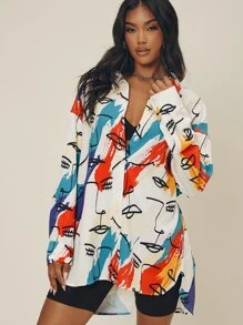 SHEIN VCAY Multicoloured Sketch Face Line Art Oversized Shirt - Multicolor - View 4