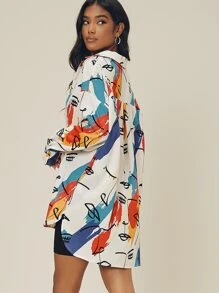 SHEIN VCAY Multicoloured Sketch Face Line Art Oversized Shirt - Multicolor - View 2