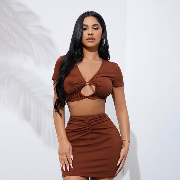 

Ruched Front Mini Skirt, Rust brown