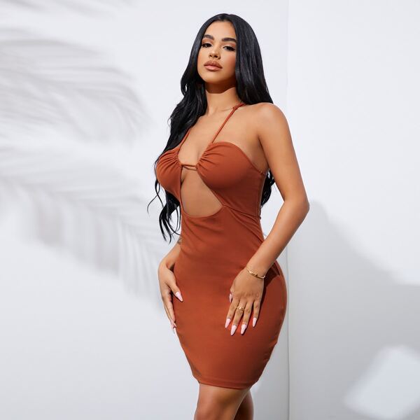 

Cut Out Ruched Criss Cross Back Bodycon Dress, Burnt orange