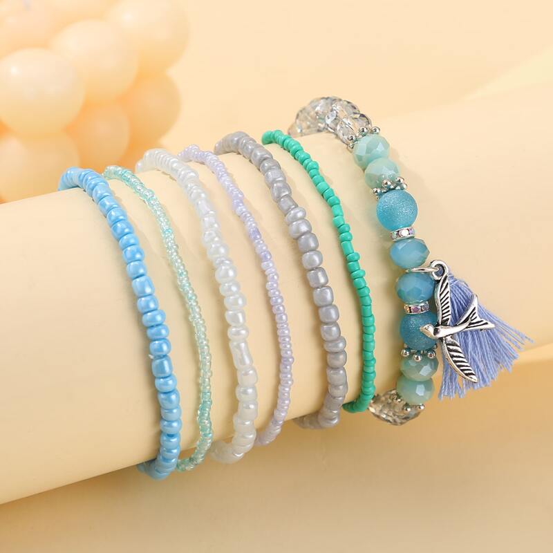 

7pcs Tassel Decor Beaded Bracelet, Multicolor