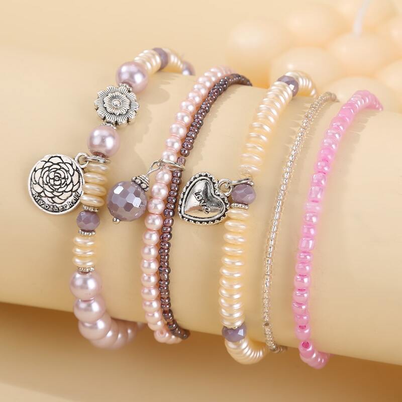 

5pcs Faux Pearl Beaded Bracelet, Multicolor