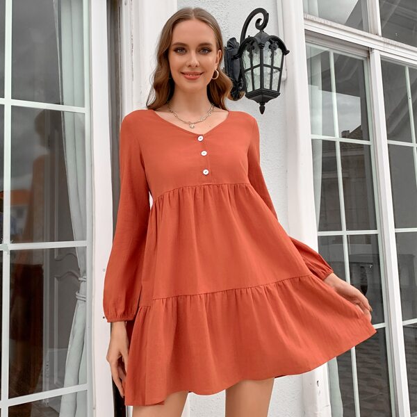 

Solid Half Button Lantern Sleeve Smock Dress, Burnt orange