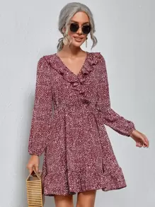 Vestido con estampado de lunares ribete con fruncido - Burdeos - Ver 1