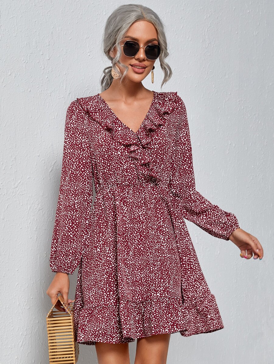 Vestido con estampado de lunares ribete con fruncido - Burdeos - Ver 1