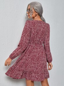 Vestido con estampado de lunares ribete con fruncido - Burdeos - Ver 2