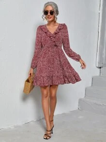 Vestido con estampado de lunares ribete con fruncido - Burdeos - Ver 4