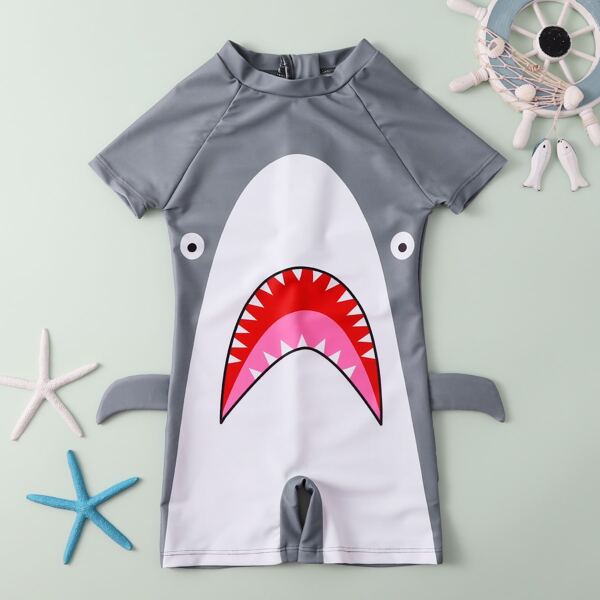 

Toddler Boys Cartoon Shark Print One Piece Swimsuit, Multicolor