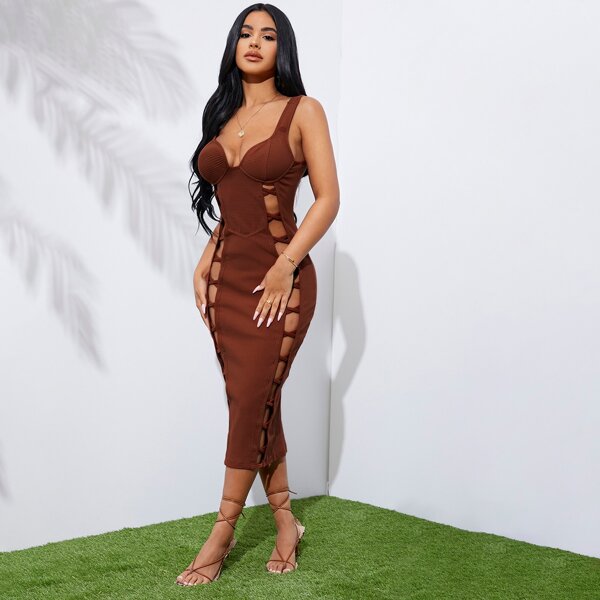 

Criss Cross Front Cut Out Bodycon Dress, Rust brown