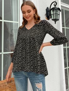 SHEIN VCAY Dalmatian Print Curved Hem Blouse - Multicolor - View 3