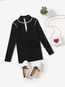 Toddler Girls Contrast Seam Half Zip Sweater - Black - View 1