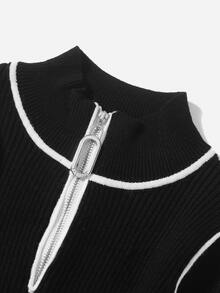 Toddler Girls Contrast Seam Half Zip Sweater - Black - View 4