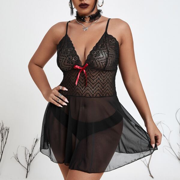 

Plus Contrast Lace Sheer Mesh Slips With Thong, Black