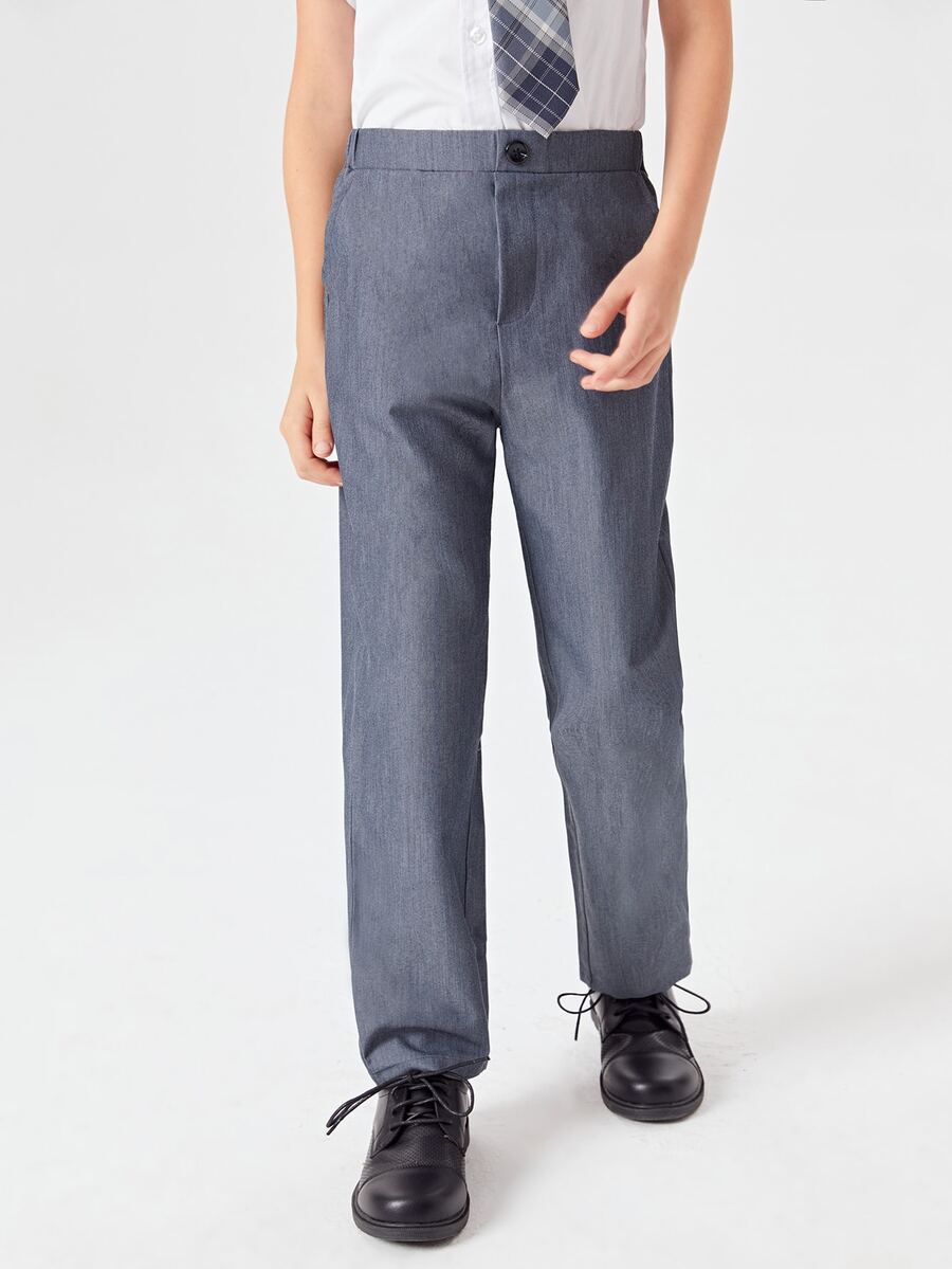 SHEIN Boys Elastic Waist School Trousers - Dark Grey - View 1