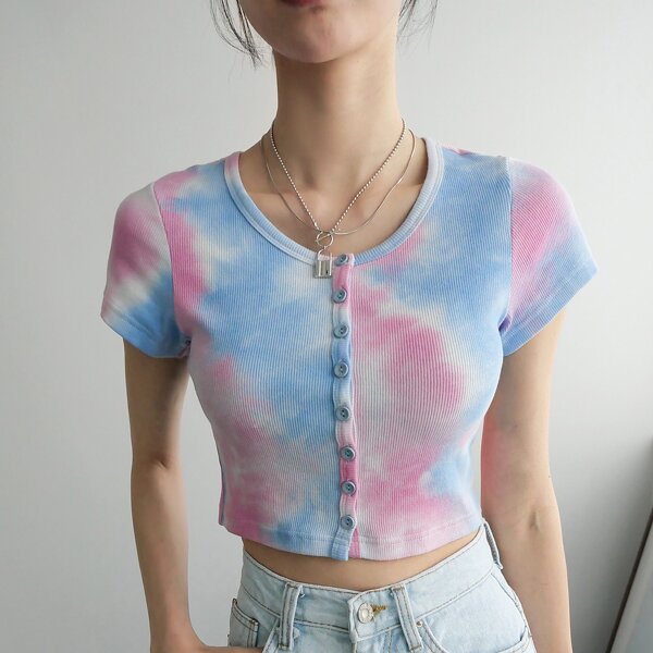 

Tie Dye Button Front Crop Tee, Multicolor