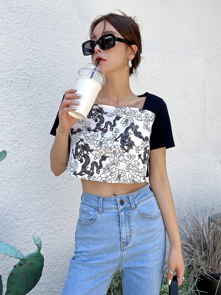 DAZY Camiseta corta con estampado de dragón chino - Blanco y Negro - Añade 1