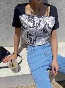 DAZY Chinese Dragon Print Crop Tee - Black and White - View 3