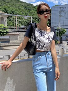 DAZY Chinese Dragon Print Crop Tee - Black and White - View 4