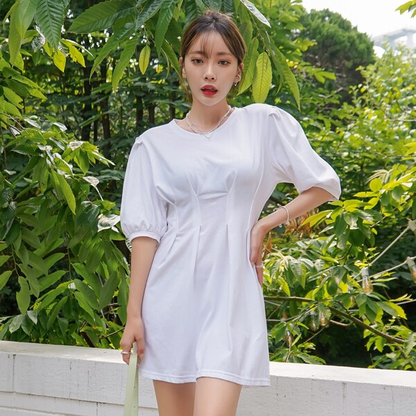

Puff Sleeve A-line Dress, White