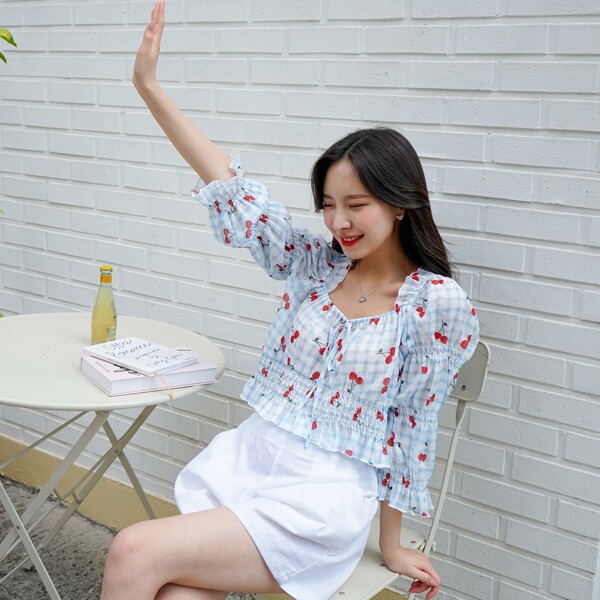 

Gingham & Cherry Shirred Smock Blouse, Baby blue