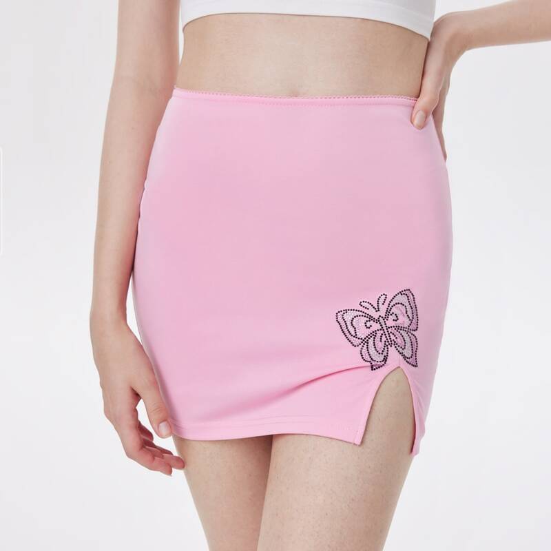 

Butterfly Rhinestone Mini Bodycon Skirt, Baby pink