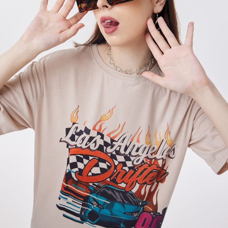 

Drop Shoulder Letter Graphic Oversized Tee, Khaki