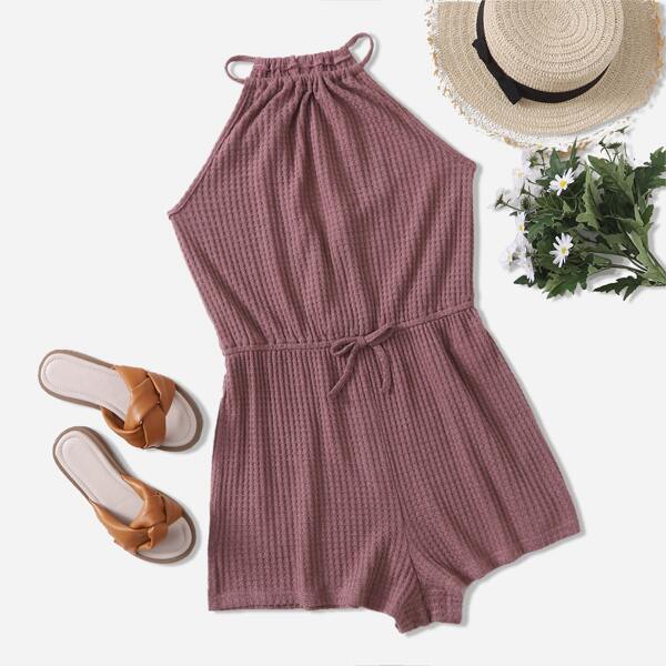 

Teen Girls Solid Waffle Knot Detail Romper, Redwood