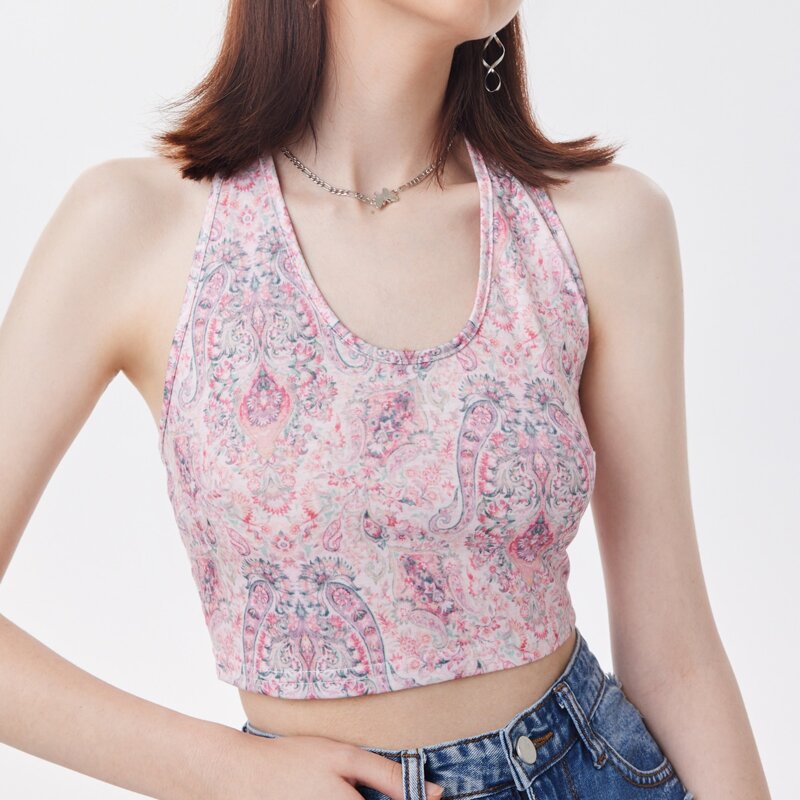 

Paisley And Floral Print Crop Halter Top, Multicolor