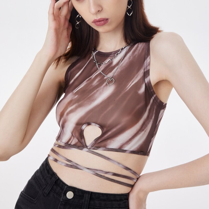 

Tie Dye Lace Up Waist Tank Top, Mocha brown