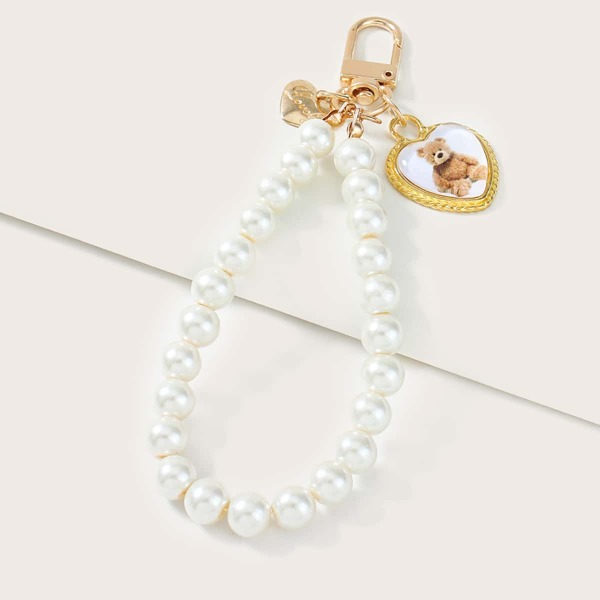 

Heart Decor & Faux Pearl Bag Charm, White