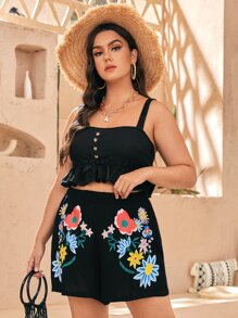 SHEIN bajo con fruncido Top de tirantes & floral Falda Conjunto - Negro - Ver 2
