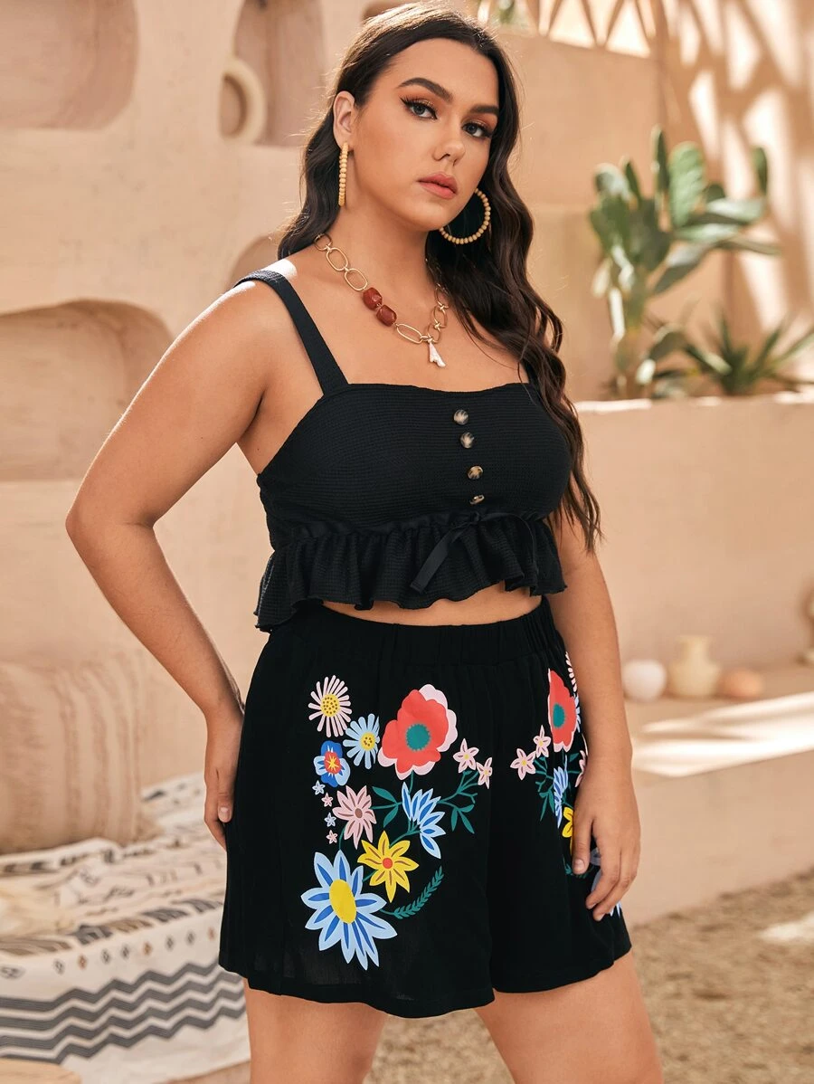 SHEIN bajo con fruncido Top de tirantes & floral Falda Conjunto - Negro - Ver 1