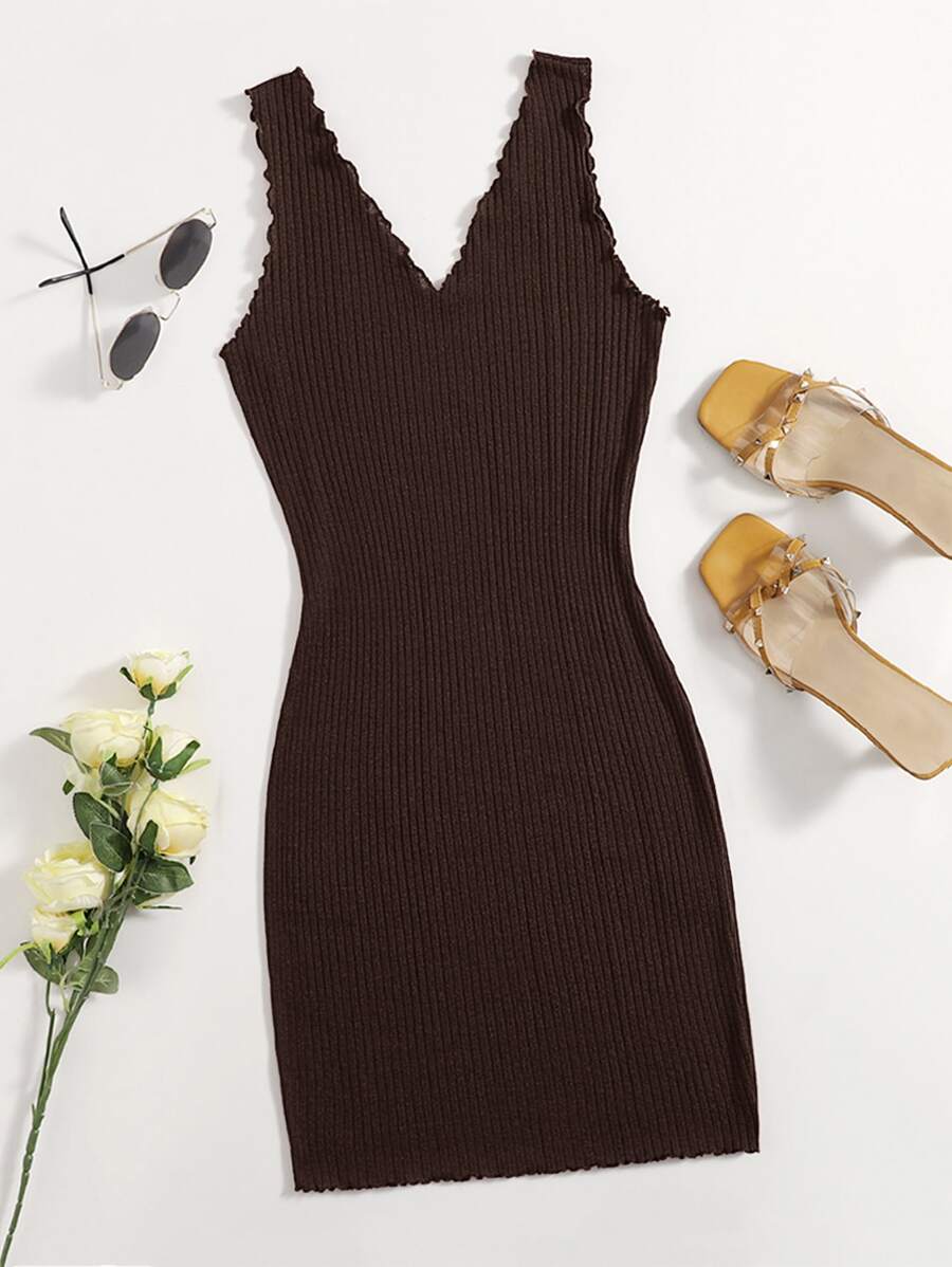 SHEIN Privé Lettuce Trim Rib-knit Bodycon Dress - Coffee Brown - View 1