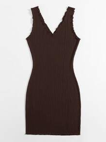 SHEIN Privé Lettuce Trim Rib-knit Bodycon Dress - Coffee Brown - View 2